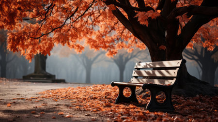 A tree with orange leaves and a bench in the background. Generative AI.の素材