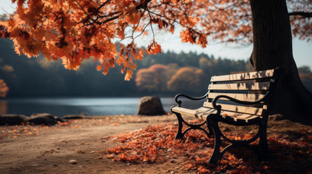 A tree with orange leaves and a bench in the background. Generative AI.の素材