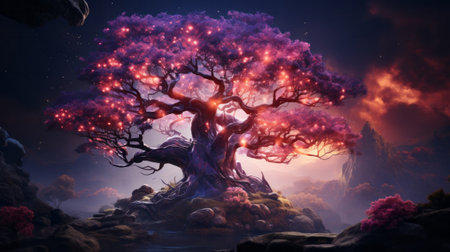 A tree with pink and purple lights. Generative AI.の素材