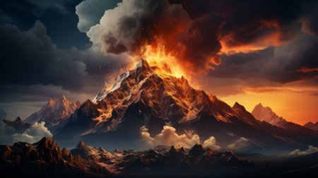 A volcano erupting with lava. Generative AI.の素材