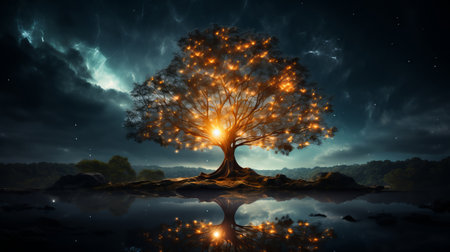 A tree with a glowing center. Generative AI.の素材