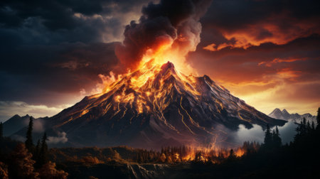 A volcano erupting with lava. Generative AI.の素材