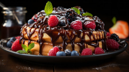 A waffle with berries on top and chocolate sauce. Generative AI.の素材