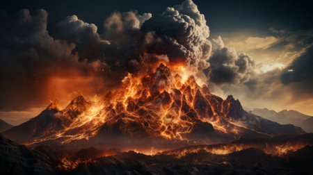 A volcano erupting with lava. Generative AI.の素材