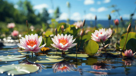 A water lily pads with flowers in the middle. Generative AI.の素材