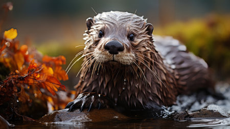 A wet otter standing on a rock in water. Generative AI.の素材
