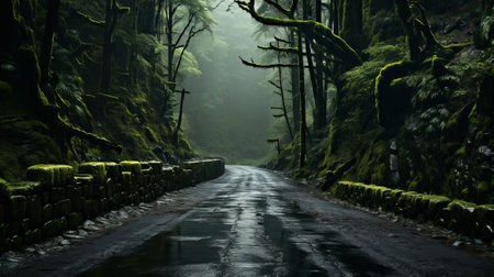 A wet road through a forest. Generative AI.の素材