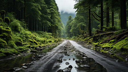 A wet road through a forest. Generative AI.の素材