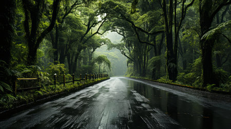 A wet road through a forest. Generative AI.の素材