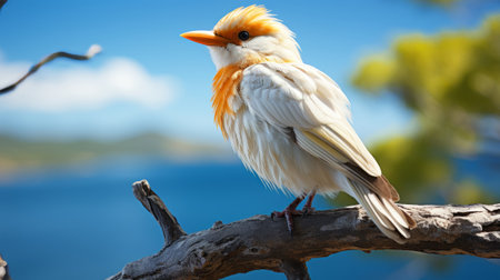 A white bird with orange beak sitting on a branch. Generative AI.の素材