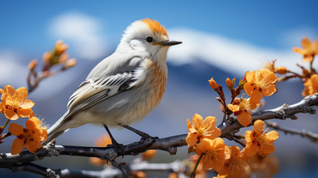 A white bird with orange beak sitting on a branch. Generative AI.の素材