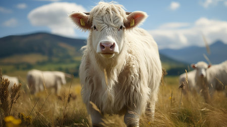 A white cow with horns standing in a field. Generative AI.の素材