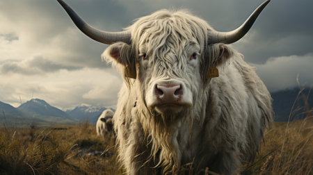 A white cow with horns standing in a field. Generative AI.の素材