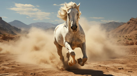 A white horse running in the dirt. Generative AI.の素材