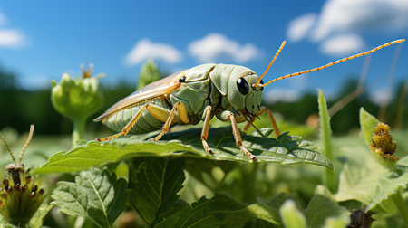 A white insect on a green leaf . Create a captivatingの素材