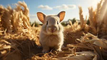 A white rabbit sitting in hay. Generative AI.の素材
