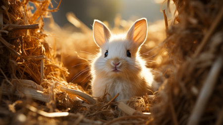 A white rabbit sitting in hay. Generative AI.の素材