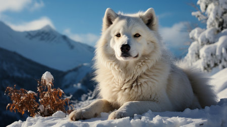 A white wolf sitting in the snow. Generative AI.の素材