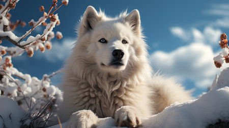 A white wolf sitting in the snow. Generative AI.の素材