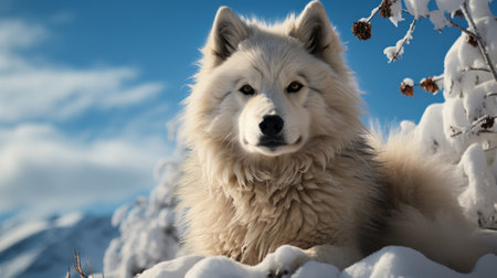 A white wolf sitting in the snow. Generative AI.の素材