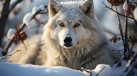 A white wolf sitting in the snow. Generative AI.の素材