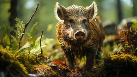 A wild boar in the woods. Generative AI.の素材