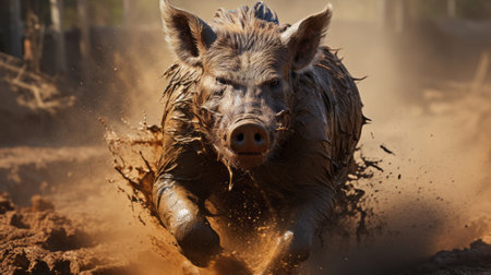 A wild boar running through the mud. Generative AI.の素材