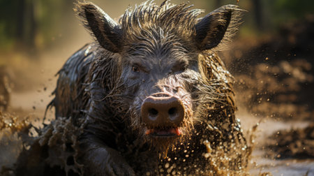 A wild boar running through the mud. Generative AI.の素材