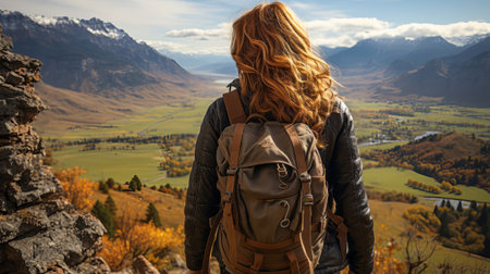 A woman with a backpack looking at a valley back view. Generative AI.の素材