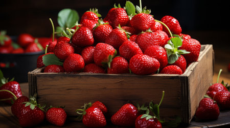 A wooden box of strawberries. Generative AI.の素材