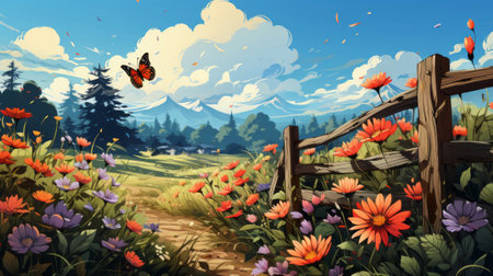 A wood fence in a garden with butterflies. Generative AI.の素材