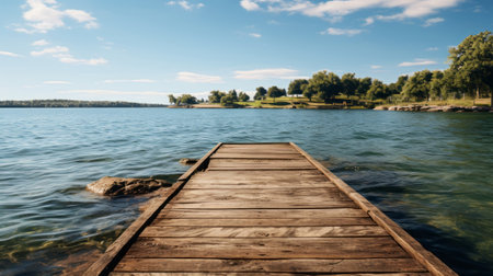 A wooden dock over water. Generative AI.の素材