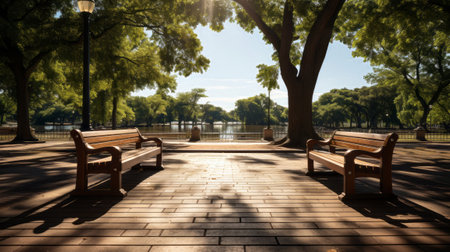 A wooden walkway with benches and trees in the backgrond. Generative AI.