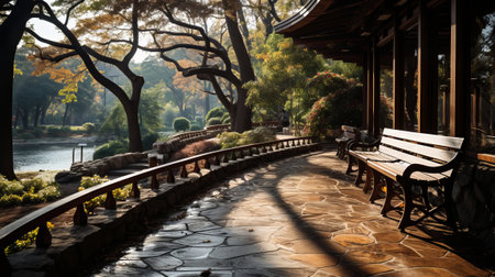 A wooden walkway with benches and trees in the backgrond. Generative AI.の素材