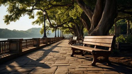 A wooden walkway with benches and trees in the backgrond. Generative AI.の素材