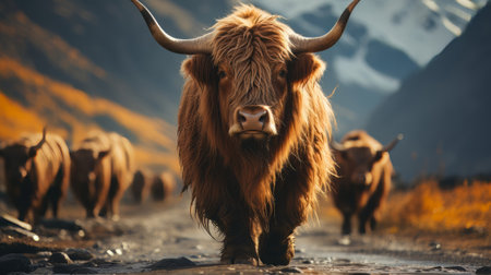 A yak on a road. Generative AI.の素材