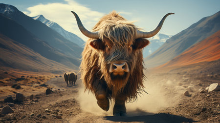 A yak on a road . 8k ultra realistic. commercial photoの素材