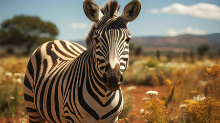 A zebra standing in a field. Generative AI.の素材