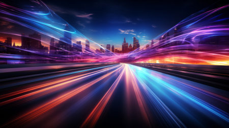 Abstract long exposure dynamic speed light trails back. Generative AI.の素材