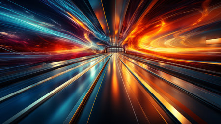 Abstract long exposure dynamic speed light trails back. Generative AI.の素材