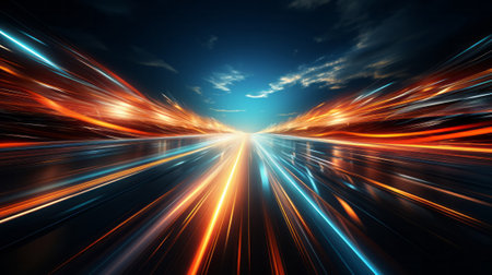 Abstract long exposure dynamic speed light trails back. Generative AI.の素材