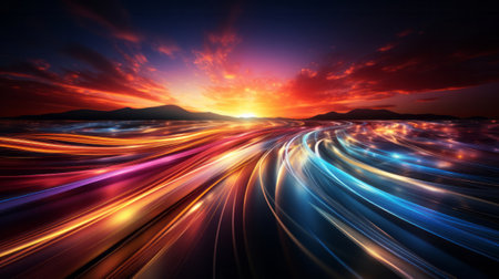 Abstract long exposure dynamic speed light trails back. Generative AI.の素材