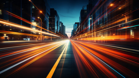 Abstract long exposure dynamic speed light trails back. Generative AI.の素材