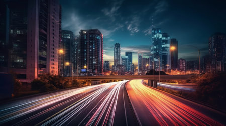 Abstract long exposure dynamic speed light trails. Generative AI.の素材