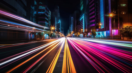 Abstract long exposure dynamic speed light trails. Generative AI.の素材