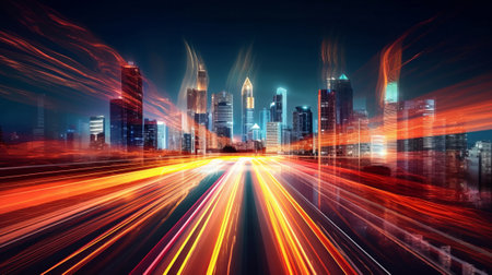 Abstract long exposure dynamic speed light trails. Generative AI.の素材