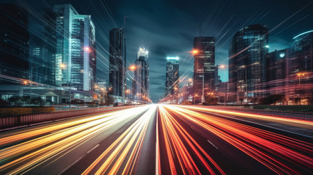 Abstract long exposure dynamic speed light trails. Generative AI.の素材