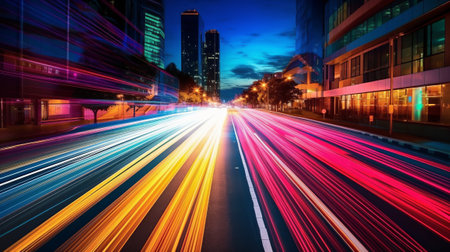 Abstract long exposure dynamic speed light trails. Generative AI.の素材