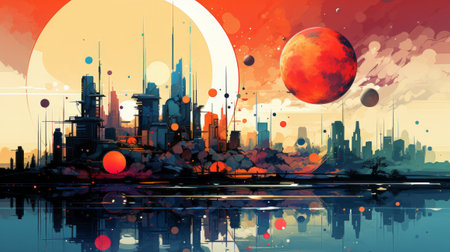 Abstract urban city in the style of vintage graphic. Generative AI.の素材