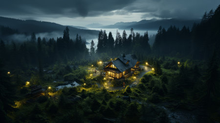 Aerial view of house in the middle of forest. Generative AI.の素材